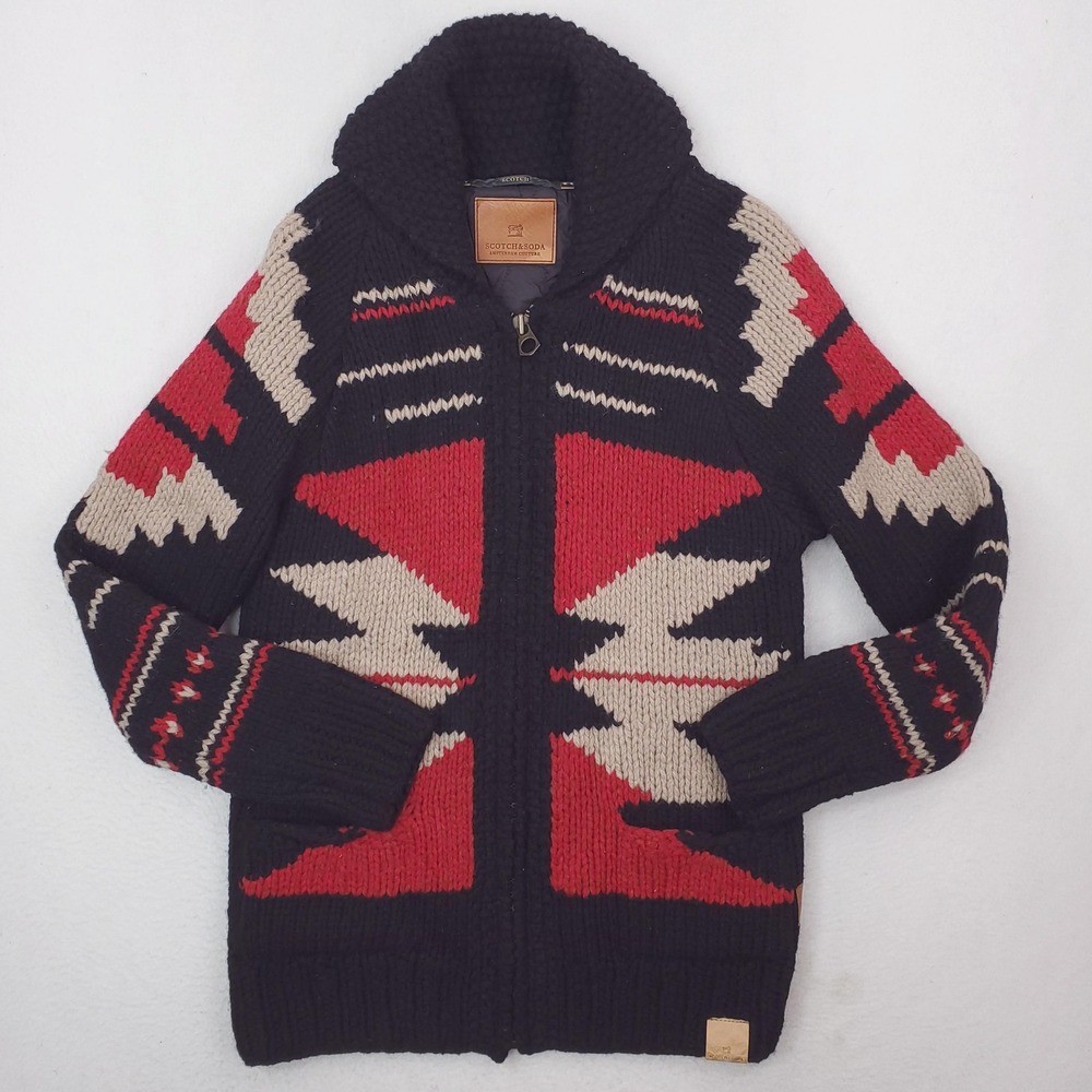 Scotch&Soda Southwestern Jacket Mens M Black Red Wool Shawl Collar Aztec Sweater